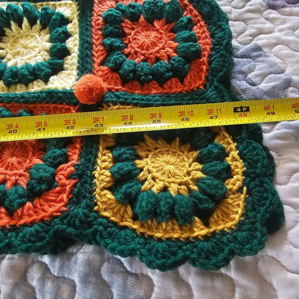 GRANNY SQUARE AFGHAN 4' x 6' Crochet Colorful Puff Balls Scalloped Edge GIFT